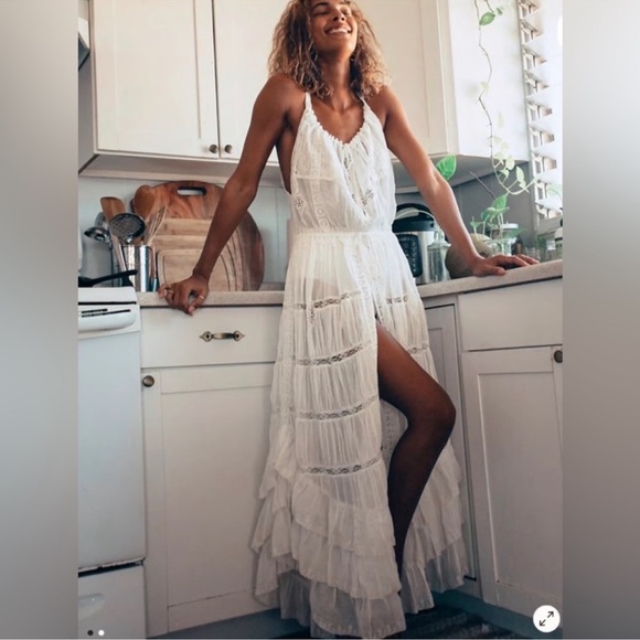 Free People Dresses & Skirts - Free People Dolly Bodysuit Dress White Lace Maxi Ruffle Dress Boho Ethereal S